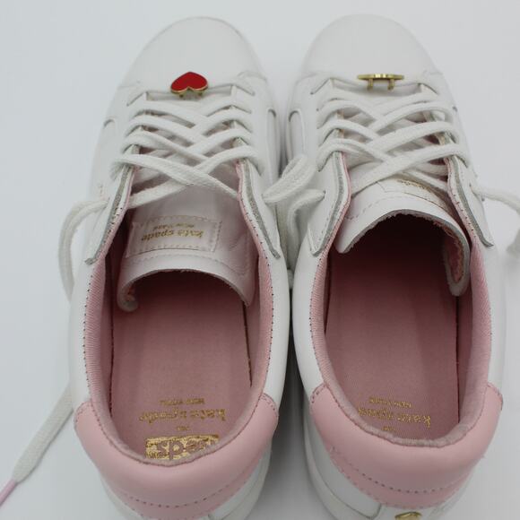 Kate Spade Keds Leather Sneakers Women 8 White Pink Heart Lips Charm Valentines - Picture 4 of 12